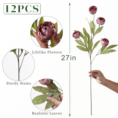 12 Pcs 27" Faux Silk Peony Artificial Flowers Stems for Vase (Warm Pink)