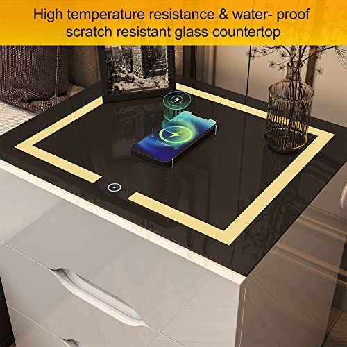 White Smart Nightstand with Wireless Charging Station & Adjustable LED Lights (White)
