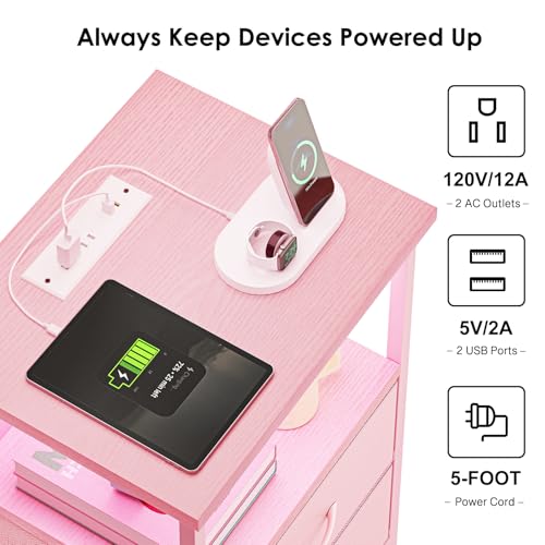 Night Stand with Charging Station (15.7"D x 11.8"W x 23.6"H (2 drawers) / Power+Light (1pc) / Pink)