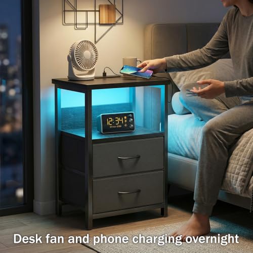 Night Stand with Charging Station (15.7"D x 11.8"W x 23.6"H (2 drawers) / Power+Light (1pc) / Black)
