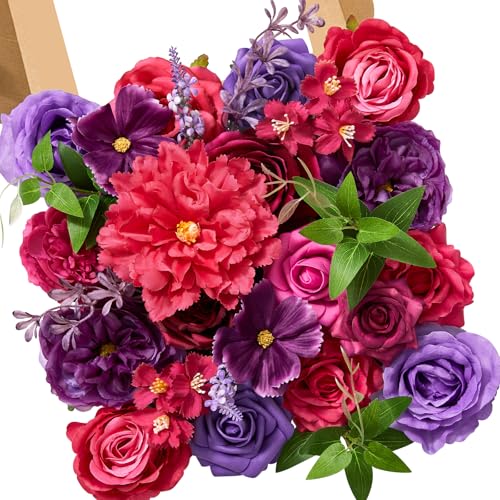 Hot Pink & Purple Artificial Flowers Silk Rose Flowers for Wedding (Hot Pink and Purple / 1 Box)