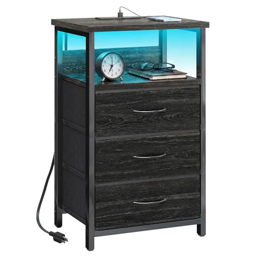 Night Stand with 3 Fabric Drawers (15.7"D x 11.8"W x 26.9"H (3 drawers) / Power+Light (1pc) / Black Oak)