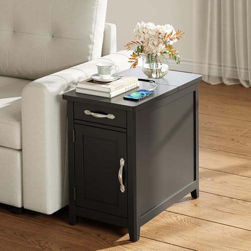 Charging End Table with USB Ports (Black / Wood Door)