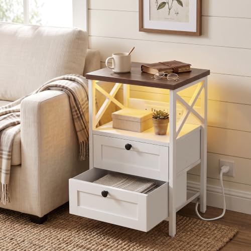 Night Stand with Charging Station (15.7"D x 11.8"W x 23.6"H (2 drawers) / Power+Light (1pc) / Natural Walnut & White)
