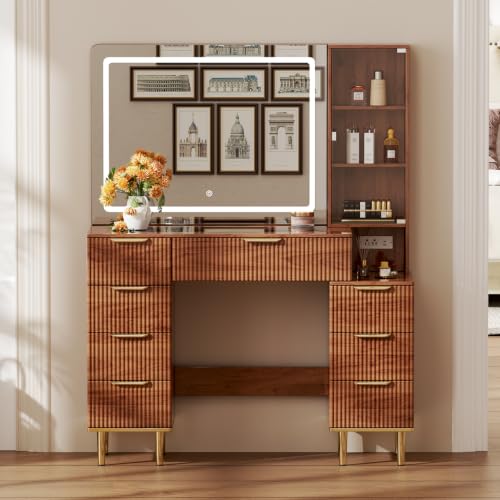 Modern Vanity Desk with 31.5" Mirror and Lights (Brown)