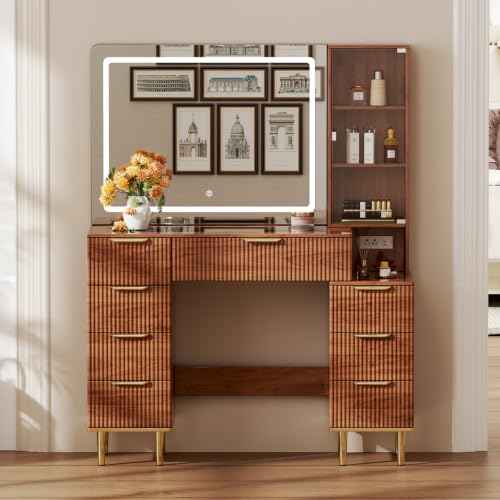 Modern Vanity Desk with 31.5" Mirror and Lights (Brown)