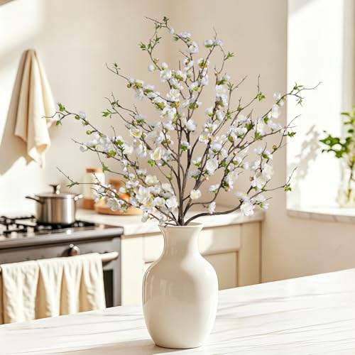 Artificial Plum Blossom Fake Cherry Blossom Branches Fake Flowers Artificial Flowers 4PCS 35.4'' Long Stem Artificial Flowers for Tall Vase Silk Flowers for Indoor Home Decor (White)