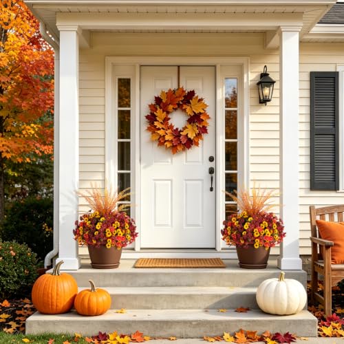 Artificial Fall Mums Flowers Fake Plants for Outdoors Decoration (4 Mixed Colors(4 Yellow,4 Orange,4 Brown,1 Fern))
