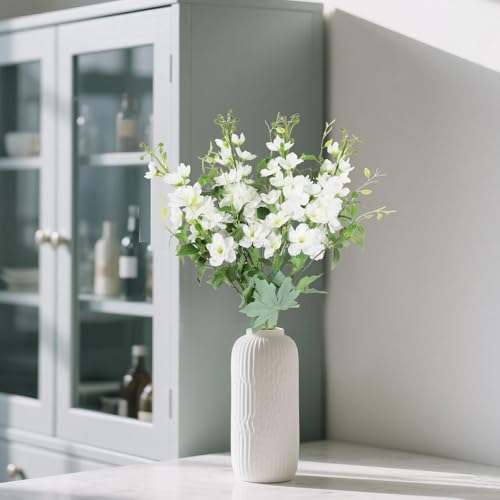 8PCS Artificial Delphinium White Flowers with Clematis Greenery Long Stem Artificial Flowers Cream for Tall Vase for Home Wedding Floral Arrangement Centerpiece Table Decor (Cream White)