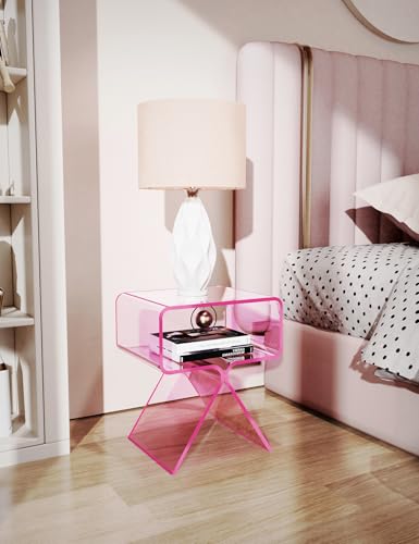Acrylic Nightstand Bedside Side Table (Pink)