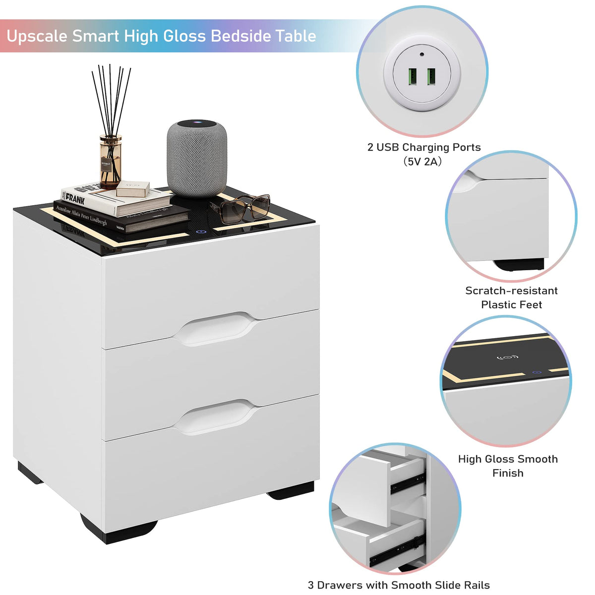 White Smart Nightstand with Wireless Charging Station & Adjustable LED Lights (White)