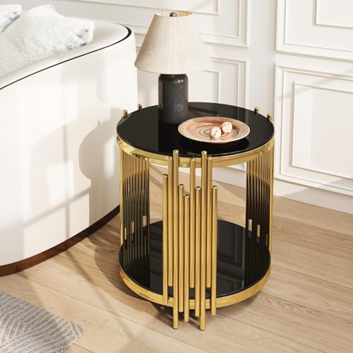 19.7''D Round Glass Side End Table with 2 Tiers (Gold & Black)