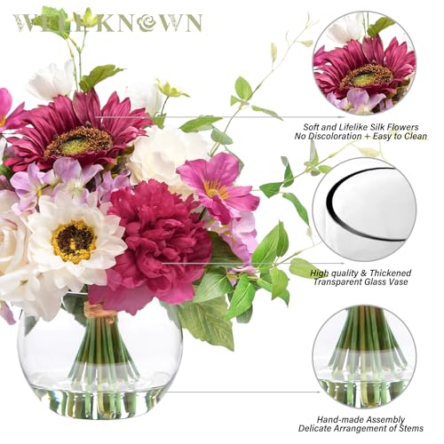 Artificial Flowers Centerpieces in Glass Vase with Fake Water (Fuchsia Plus)