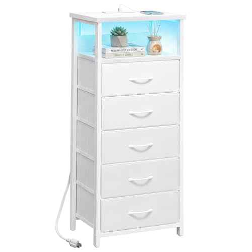 Night Stand with Charging Station (15.7"D x 11.8"W x 39.3"H (5 drawers) / Power+Light (1pc) / White)