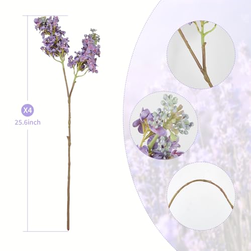 4PCS 25.6inch Lilac Artificial Flowers Purple Fake Delphinium Long Stem Silk Real Touch Flower Faux Lilac Floral Arrangement for Tall Vase Table Centerpieces Wedding Garden Home Decoration（Purple） (25.6inch Purple / 4 Pcs)