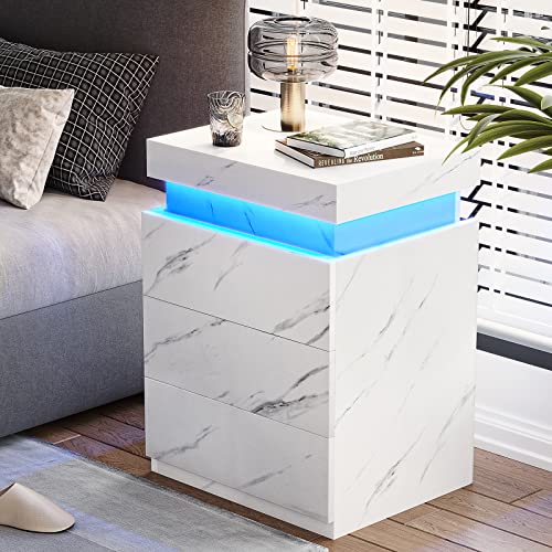 Modern Nightstand with LED Lights (White Marble)