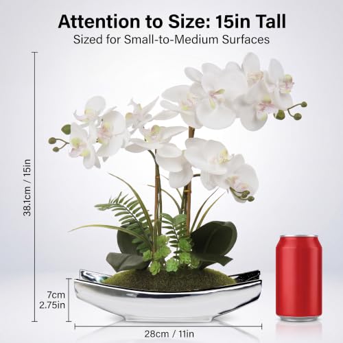 15" White Faux Orchid Arrangement in Silver Boat Pot Table Decor (White Silver Boat Pot)