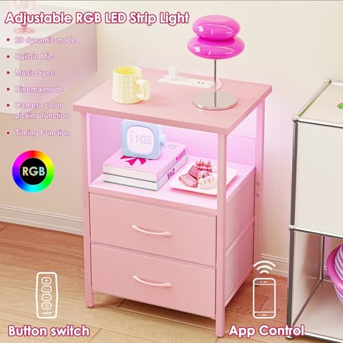 Night Stand with Charging Station (15.7"D x 11.8"W x 23.6"H (2 drawers) / Power+Light (1pc) / Pink)