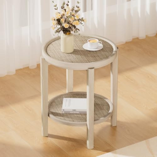 Rattan Round Side Table End Table with Storage Shelf (Creamy White, Round)
