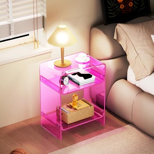 Acrylic Record Player Table with Storage Shelf (Pink / Large)