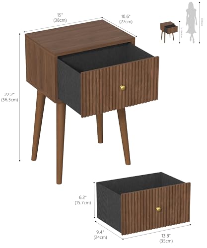Small Nightstand Set 2 Fluted Wooden Nightstands Wood Legs Walnut (Walnut)