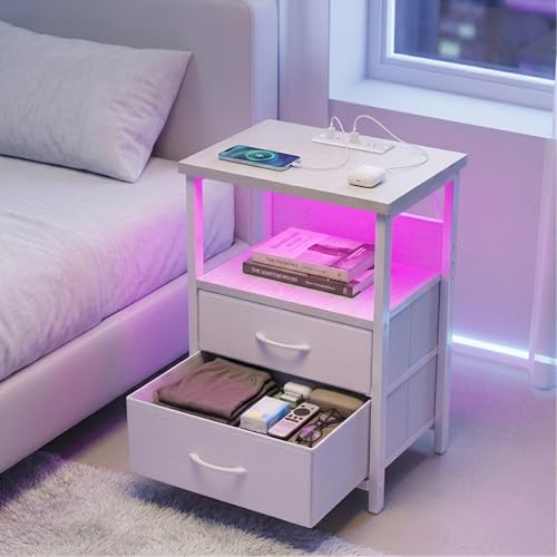 Night Stand with Charging Station (15.7"D x 11.8"W x 23.6"H (2 drawers) / Power+Light (1pc) / White)