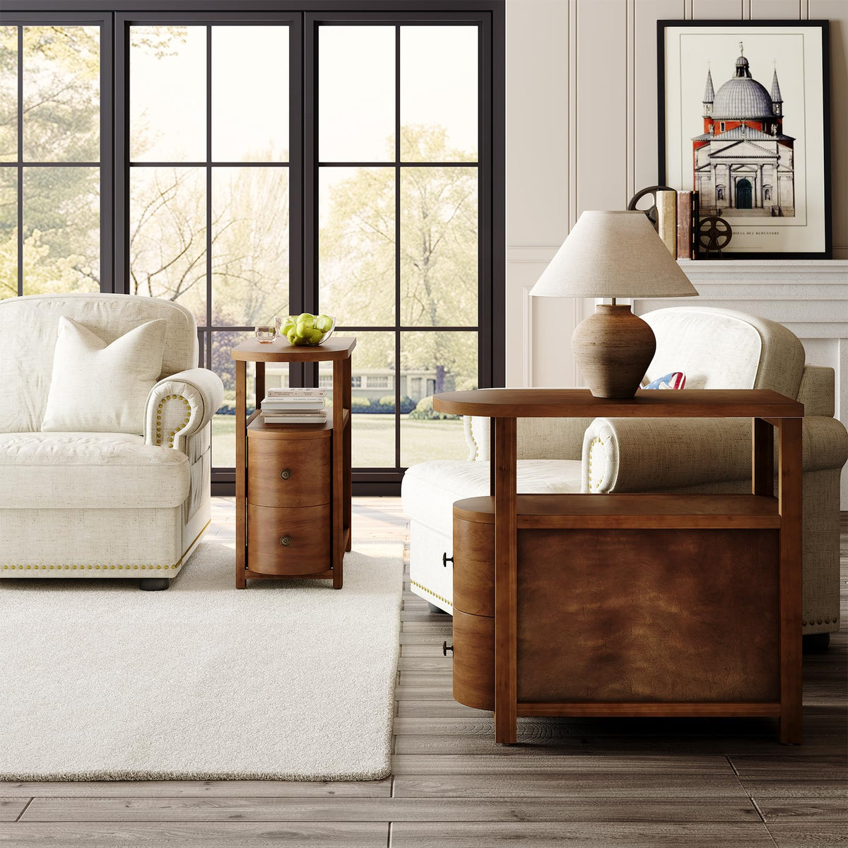 Solid Wood End Table Set 2 with 2 Drawers & Open Shelf (Vintage Brown)