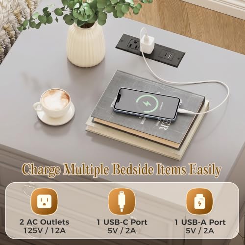 27.6 Inch Tall Nightstand with Charging Station (Grey)