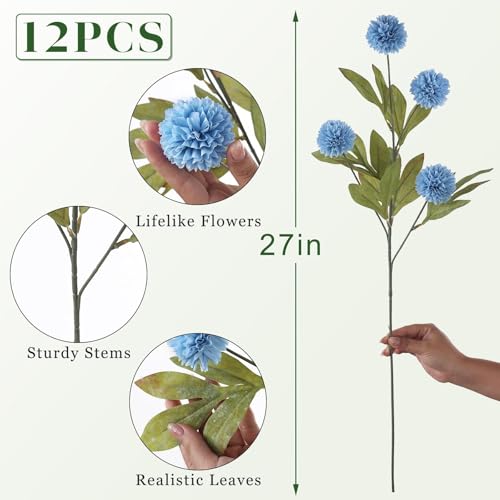 12 Pcs 27"Artificial Pompon Mum Silk Flower Stems for Vase (Dusty Blue)
