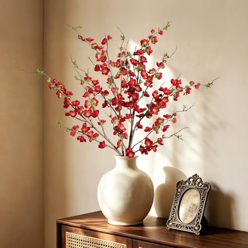 Artificial Cherry Blossom Branches Fake Plum Blossom 35.4''Fake Flowers Cherry Blossoms Faux Flowers Long Stem Artificial Flowers for Tall Vase for Indoor Home Decoration (Red)