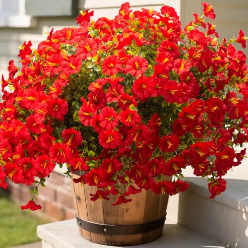 16PCS UV Resistant Artificial Morning Glory Flowers with Eucalyptus (Red)