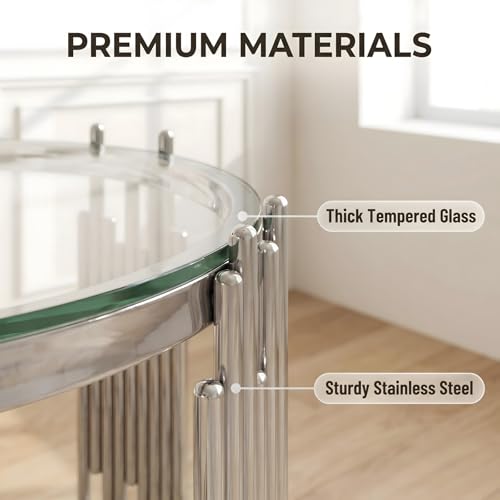 19.7''D Round Glass Side End Table with 2 Tiers (Silver)