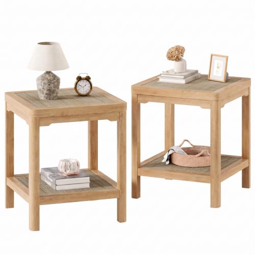 Square Rattan End Table Side Table Set of 2 with Round Edge Design (Natural Oak, Square)