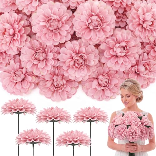 100pcs Pink Artificial Dahlia Flowers with Stems (Pinkish Brown)