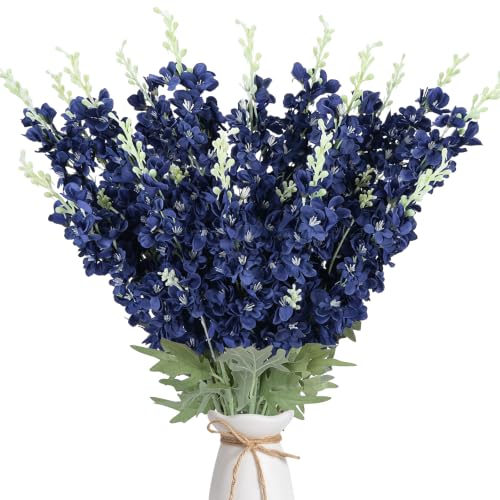 16Pcs Navy Blue Flower Delphinium Artificial Flower Long Stem Wedding Decor (Blue)
