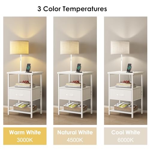 Bedside Table with 3 Color Temperatures Bulb Attached (15.7"D x 11.8"W x 23.5"H (1 drawer) / Power+Lamp (1pc) / White)