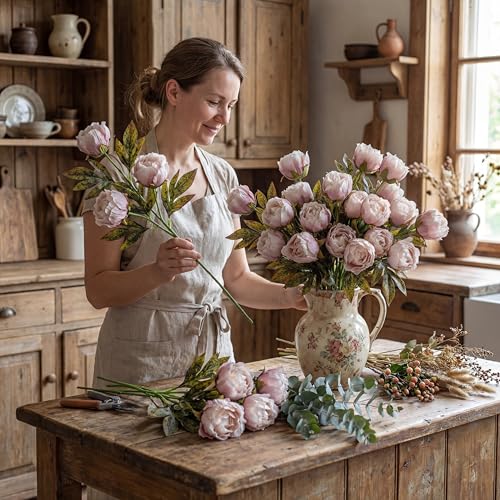 Faux Silk Peony Artificial Flowers Stem for Vase (Brownish)