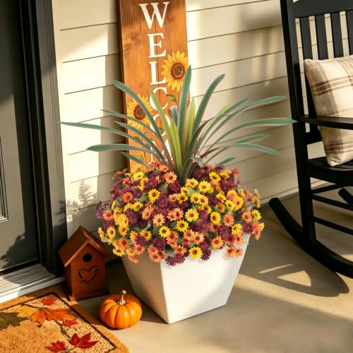 Artificial Fall Flowers Fake Mums Plants for Outdoors Decoration (4 Mixed Colors(4 Yellow, 4 Orange, 4 Fuchsia, 1 Orchid Leaf))