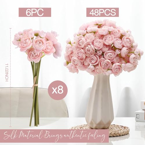 48 Pcs Ranunculus Artificial Flowers Faux Silk (Pink)