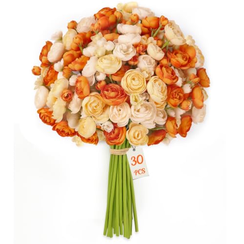 30Pcs Ranunculus Artificial Flowers Fall Faux Silk Mini Ranunculus (Cream&ombre Orange&pale Yellow)