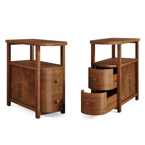 Solid Wood End Table Set 2 with 2 Drawers & Open Shelf (Vintage Brown)