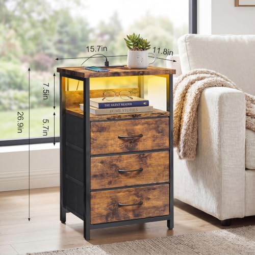 Night Stand with 3 Fabric Drawers (15.7"D x 11.8"W x 26.9"H (3 drawers) / Power+Light (1pc) / Rustic Brown)