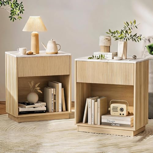 Fluted Nightstands Set of 2 (Oak-marble)