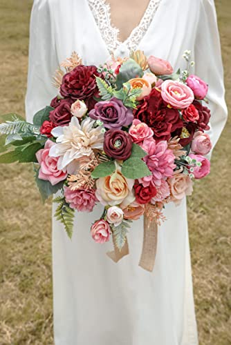 Artificial Flowers Combo Box Set Faux Flowers Bulk Flower Leaf with Stems for DIY Wedding Bouquets Centerpieces Baby Shower Party Home Decorations (Burgundy Pink)