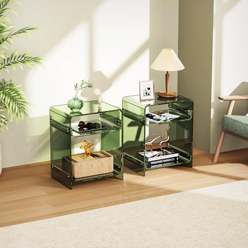 Acrylic End Table Record Player Table with Storage Shelf Clear Side Table Nightstand (Green Set of 2)