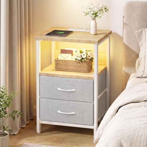 Night Stand with Charging Station (15.7"D x 11.8"W x 23.6"H (2 drawers) / Power+Light (1pc) / Natural Oak & Light Grey)