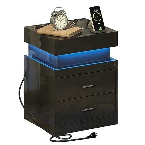 LED Nightstand with Charging Station and Sliding Storage (Black / 1 Pack)
