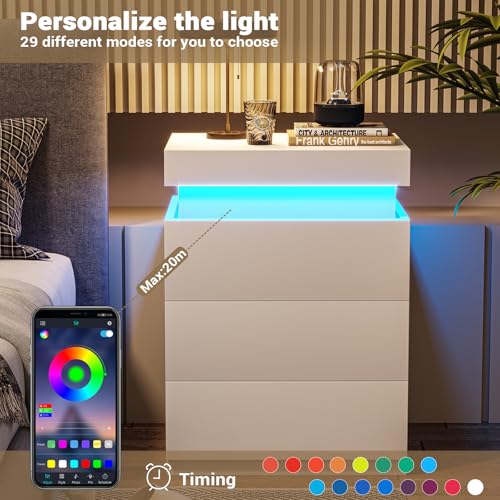 White Nightstand with Charging Station and LED Lights (White)