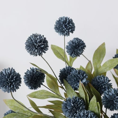 6 Pcs 27"Artificial Pompon Mum Silk Flower Stems for Vase (Dark Blue)