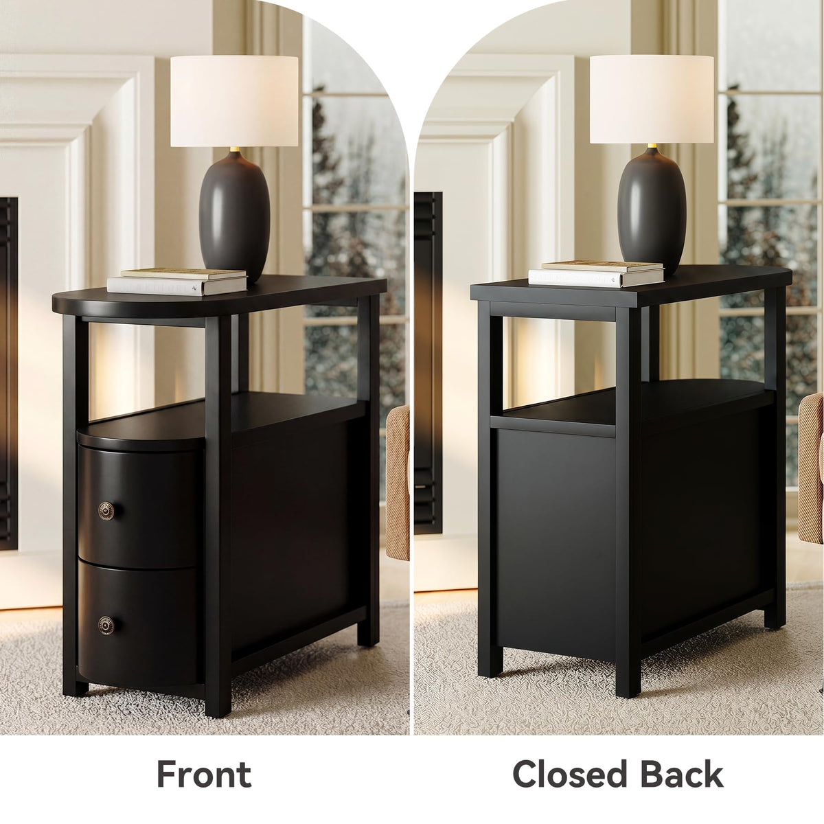 Solid Wood End Table with 2 Drawers & Open Shelf (Black)